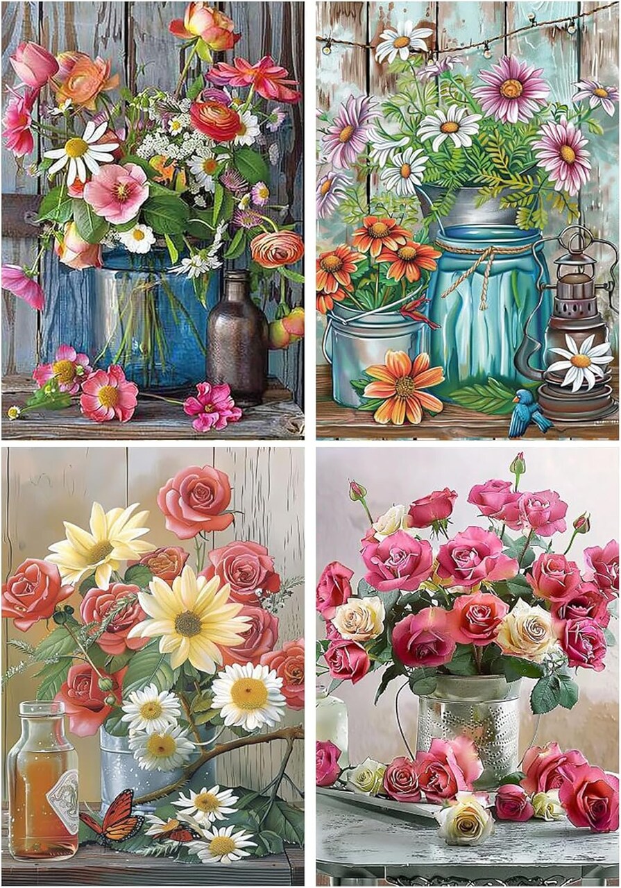 5D Diamond Painting Kits for Adults, Diamond Arts Kits Diamond Art Sets,Gem Painting by Number Kits for Adults Beginners Home Wall Decor 11.8x15.7 Inches 4 Pack Flowers